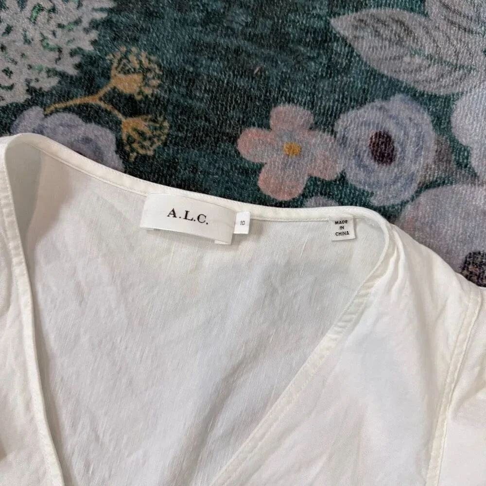 A.L.C. Sidelle white ruffle sleeve wrap dress 10 linen stretch V-neck mini Short - Picture 12 of 16